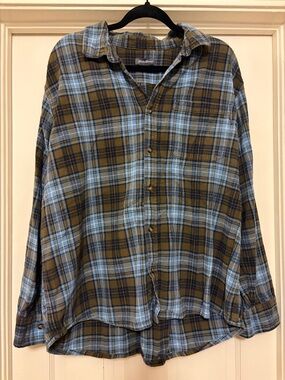 Eddie Bauer Plaid Button-Down Shirt in Blue and Olive